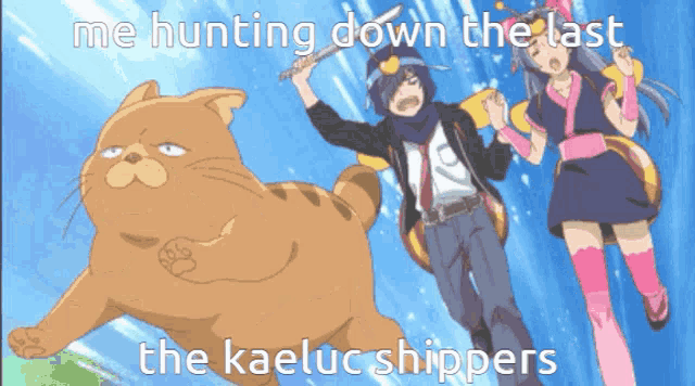 a cartoon of a cat being chased by a man and a girl with the caption me hunting down the last
