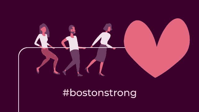 a group of people pulling a large pink heart with the words #bostonstrong below them