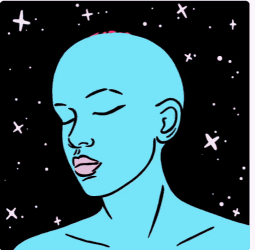 a drawing of a woman with a blue face and pink hair with her eyes closed .