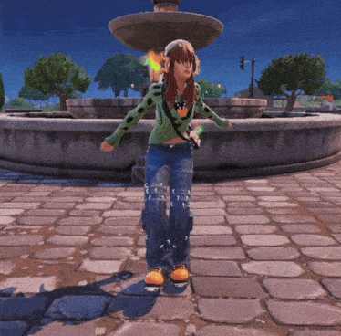 a girl standing in front of a fountain wearing headphones and a green shirt