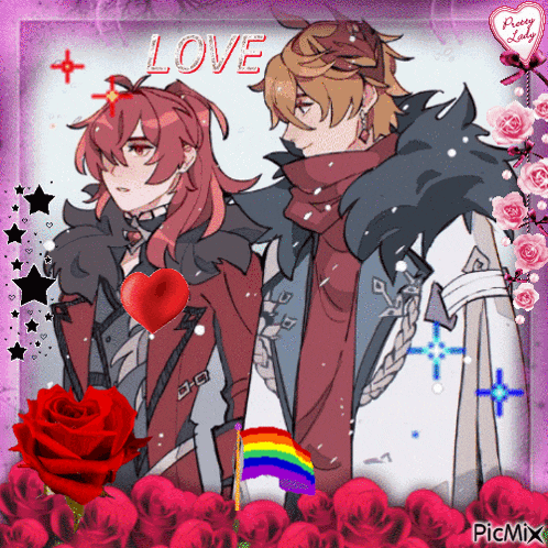 a couple of anime characters standing next to each other with the word love written on the top