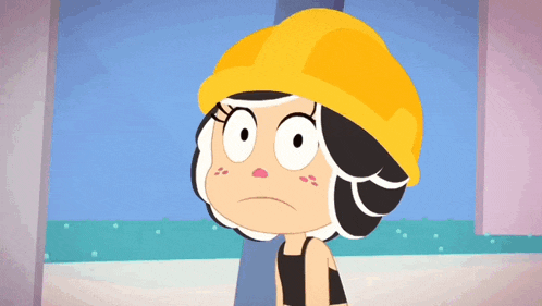 a cartoon girl wearing a yellow hard hat looks surprised