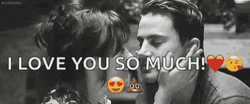 a man is kissing a woman on the cheek in a black and white photo with emojis .