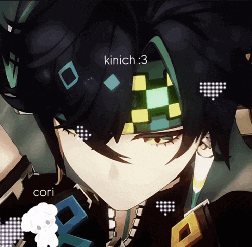 a close up of a person 's face with the name kinich : 3 on it