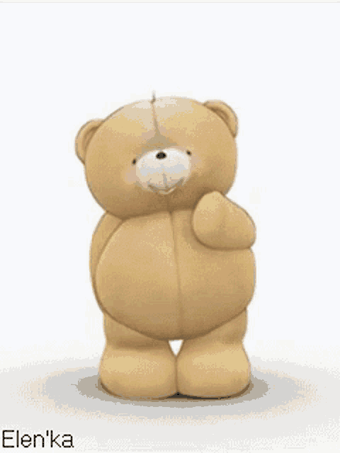 a teddy bear is standing with a red heart above his head .
