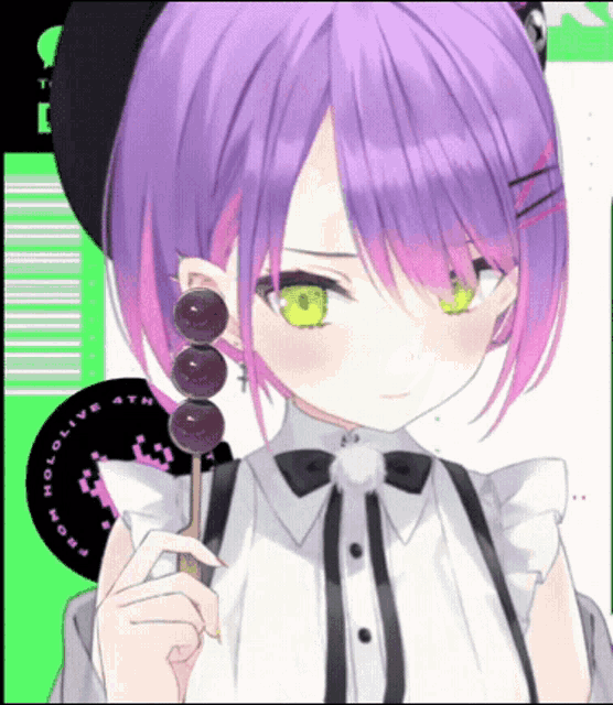 a girl with purple hair and green eyes is holding a stick with three grapes on it