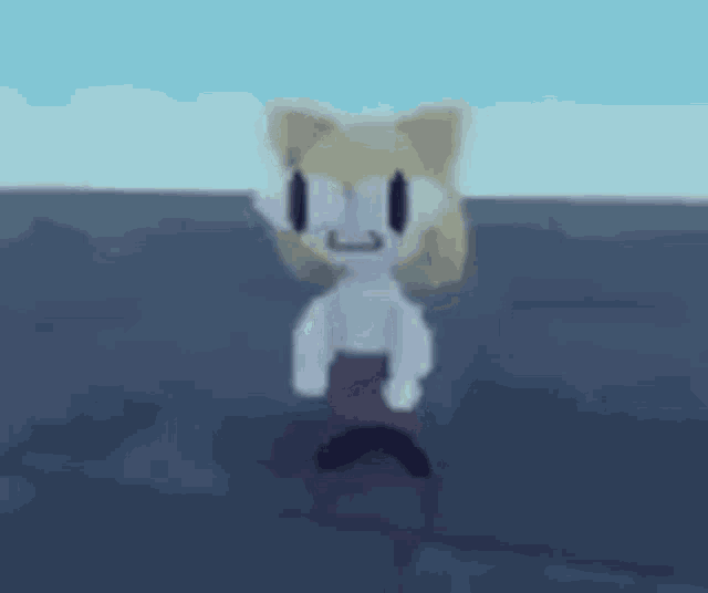 a cartoon cat is standing on a blue surface with a blue sky in the background .