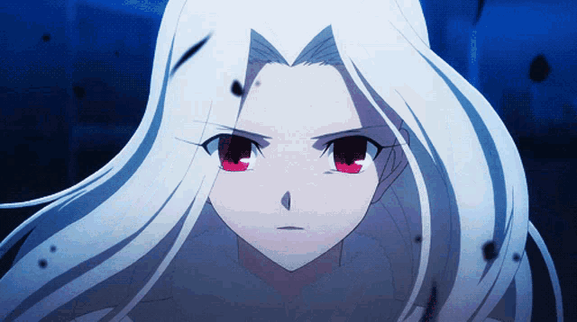 a girl with long white hair and red eyes looks angry