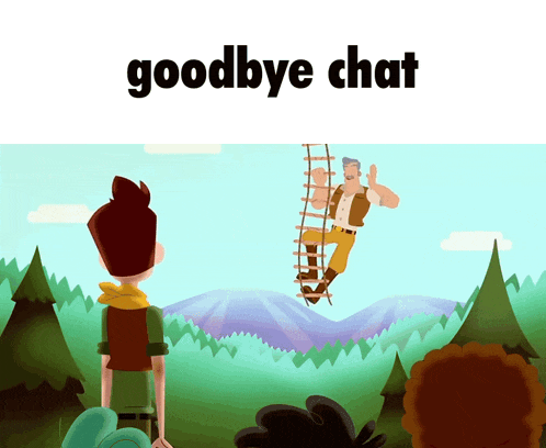 a cartoon of a man hanging from a ladder with the words goodbye chat below him