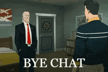 a man in a suit and tie is talking to another man in a room with the words bye chat on the bottom