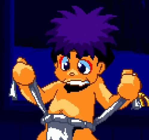 a pixel art of a boy with purple hair and a belt that says n on it