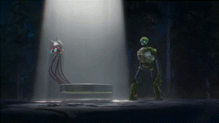 a skeleton and a robot are standing in a dark room under a light