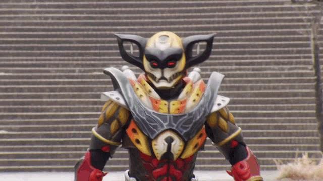 a cartoon character with red eyes is standing in front of a set of steps
