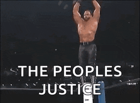 a man is jumping in the air in a wrestling ring with the words `` the people 's justice '' behind him .