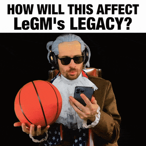a man is holding a basketball and looking at his phone with the words how will this affect legm 's legacy below him