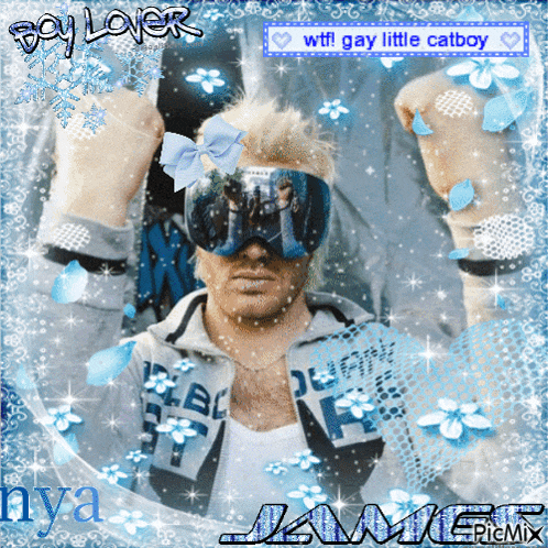a picture of a man with a bow on his head and the words " gay little catboy "