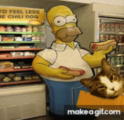 homer simpson is holding a hot dog next to a cat in front of a sign that says to feel less like chili dog