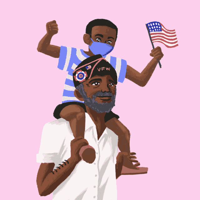 a boy wearing a vfw hat is riding on the shoulders of a man