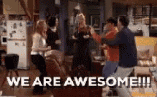 a group of people are dancing in a living room and the words `` we are awesome '' are written on the screen .