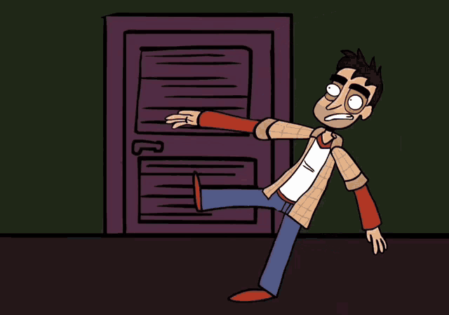 a cartoon man is hanging upside down in a closet