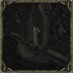 a black and white photo of a statue in a dark room with a frame .