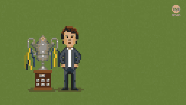 a pixel art of two men standing next to trophies with tnt on the bottom