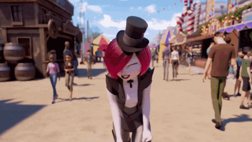 a woman with red hair wearing a top hat and a bow tie