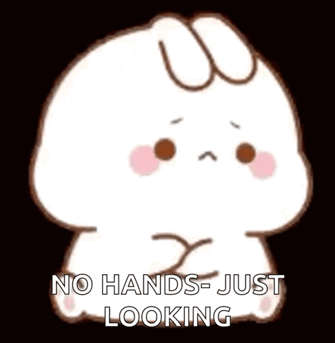 a cartoon rabbit with a bow on its head is sitting down and says `` no hands - just looking '' .