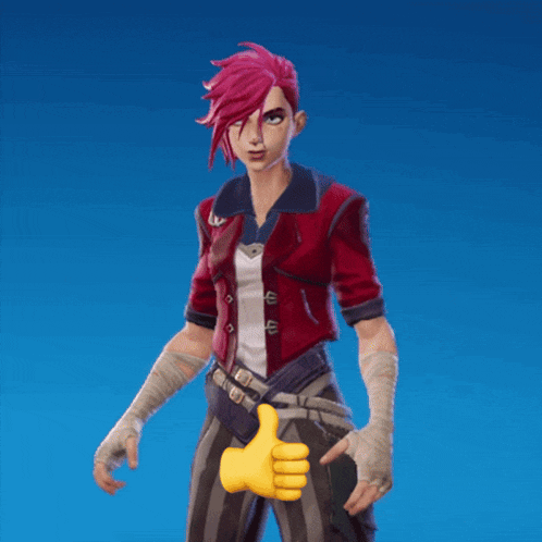 a girl with pink hair is giving a thumbs up sign