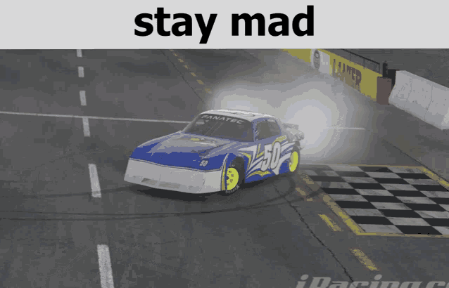 a blue and white race car with the number 50 on the side