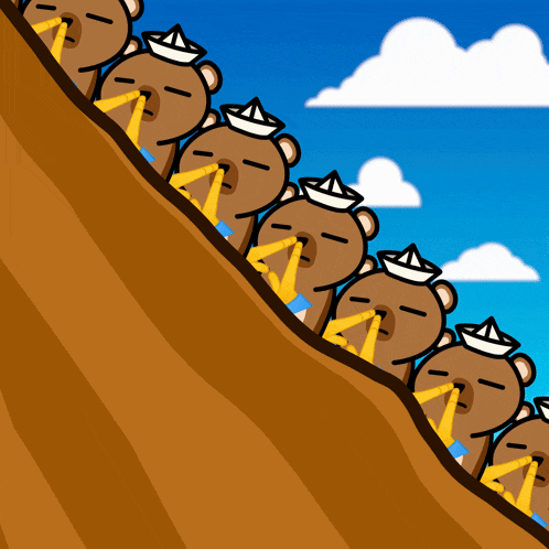 a cartoon of a group of bears wearing paper boats on a hill