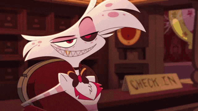a cartoon character with a check in sign in the background