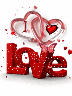 the word love is surrounded by red hearts and a butterfly