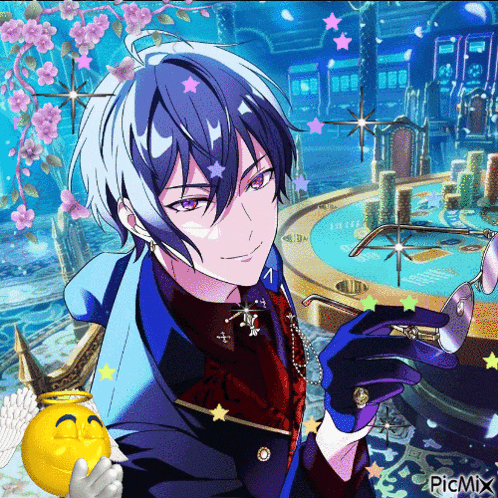 a picture of a boy with purple hair and a yellow smiley face says picmix on the bottom