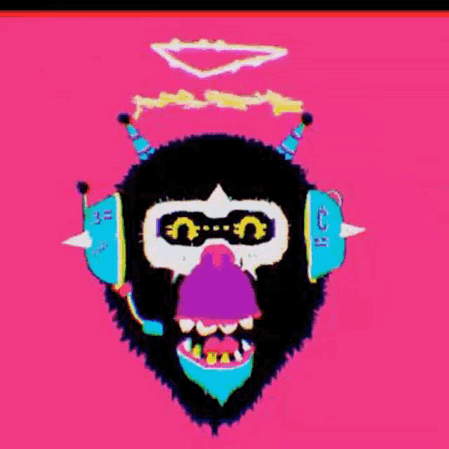 a colorful cartoon drawing of a monster with horns and a halo on a pink background .