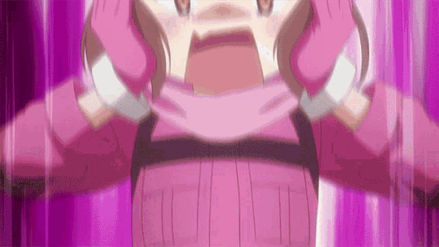 a close up of a person wearing a pink shirt and gloves with a purple background .