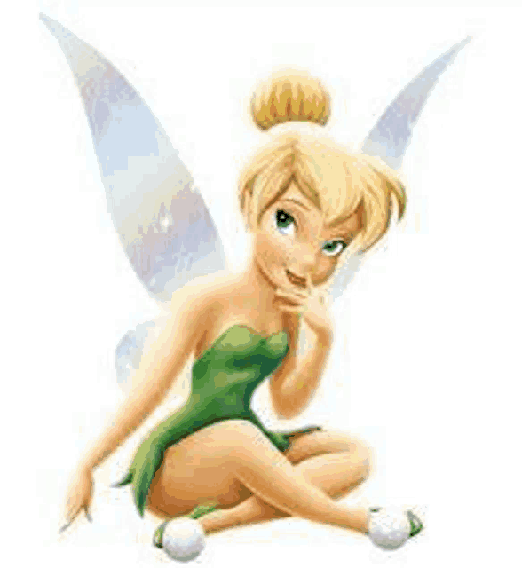 tinkerbell from tinkerbell is sitting on the ground with her legs crossed and her wings spread .