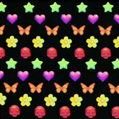 a black background with hearts butterflies and stars on it
