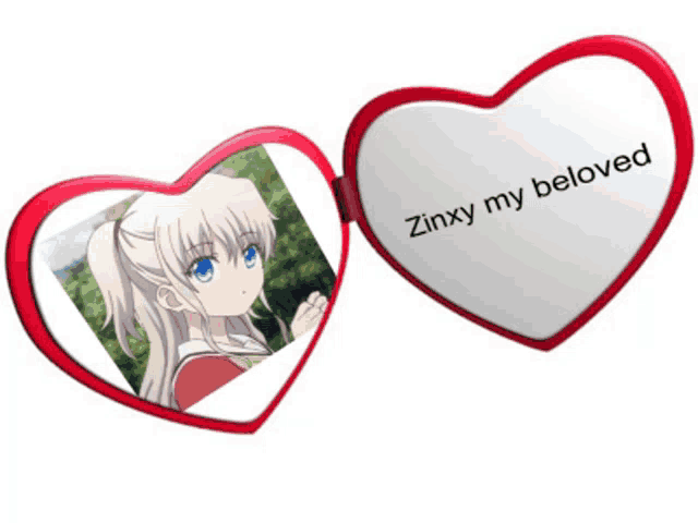 a heart shaped mirror with a picture of a girl and the words zinxy my beloved