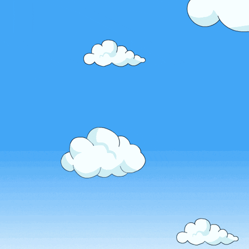 a cartoon plane is flying through a blue sky with white clouds