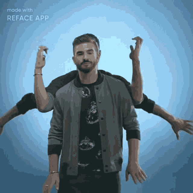 a man 's face is made with reface app on a blue background