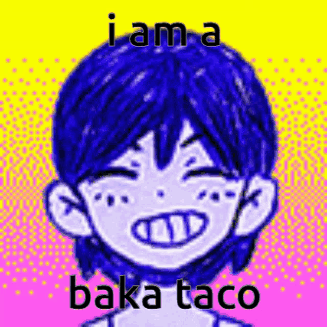 a drawing of a person with blue hair and the words `` i am a baka taco ''