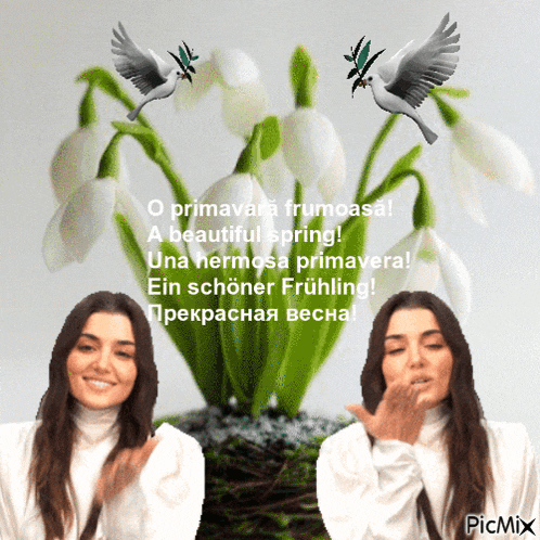 a woman blowing a kiss in front of a bouquet of snowdrop flowers and birds