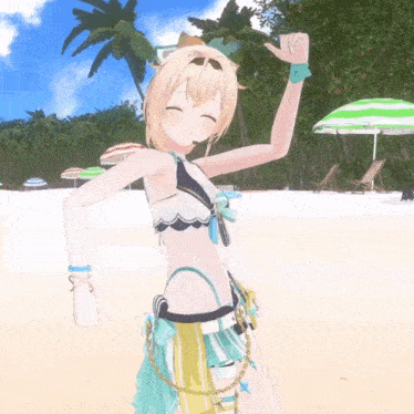 a girl in a bikini is dancing on a beach with umbrellas