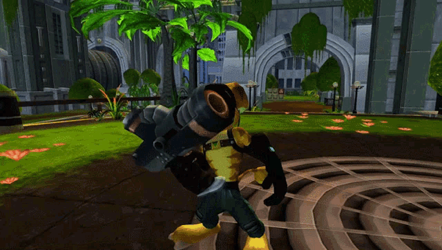 a video game character is holding a plant in front of a large building