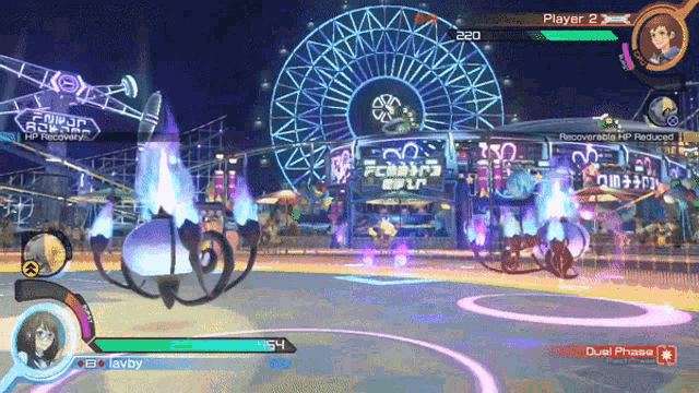 a video game with a ferris wheel in the background and player 2 in the middle