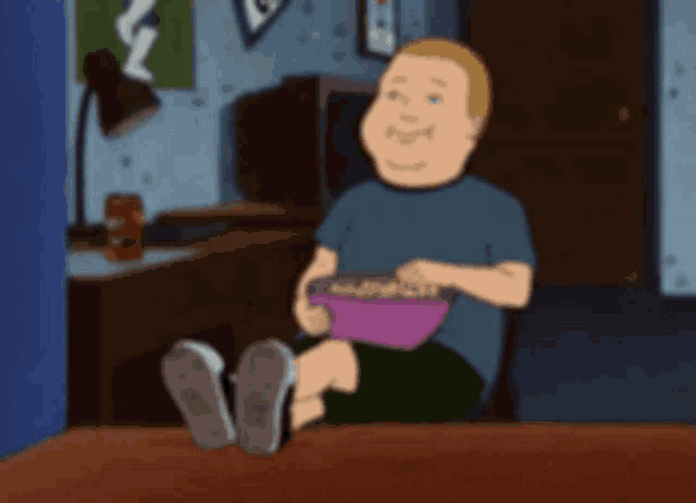 a cartoon character from king of the hill is sitting at a table eating cereal .