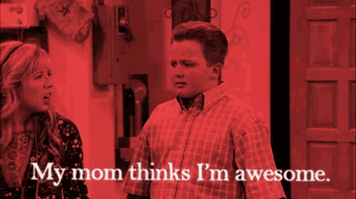 a boy and a girl are standing next to each other with the words " my mom thinks i 'm awesome " on the bottom