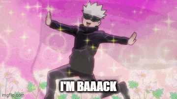 a cartoon character is standing in front of a pink background and says `` i 'm baack '' .