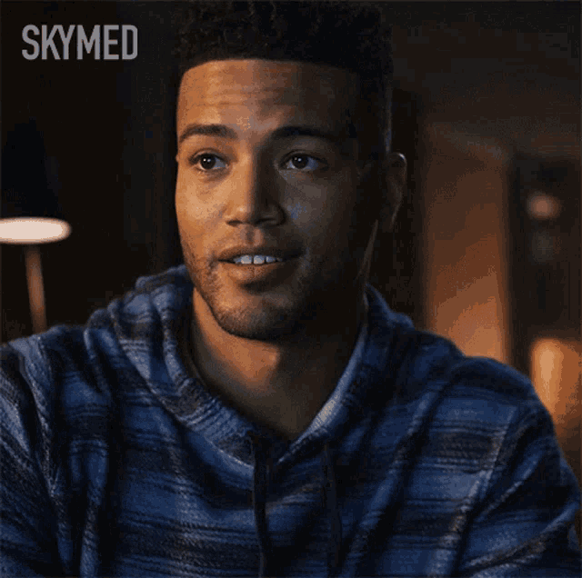 a man in a blue sweater is smiling with the word skymed behind him
